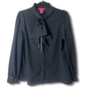 Catherine Malandrino Black Ruffle Grosgrain Ribbon Blouse Long Sleeve Goth Sz. M